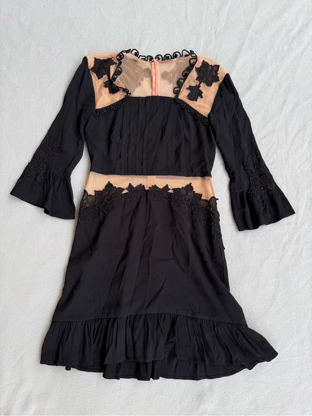 For Love & Lemons Lilou Appliqué Dress Sz Small Black Nude Mesh 3/4 Sleeves zip